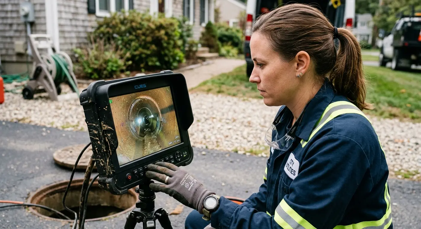 Technician reviewing sewer camera inspection footage in Oneonta