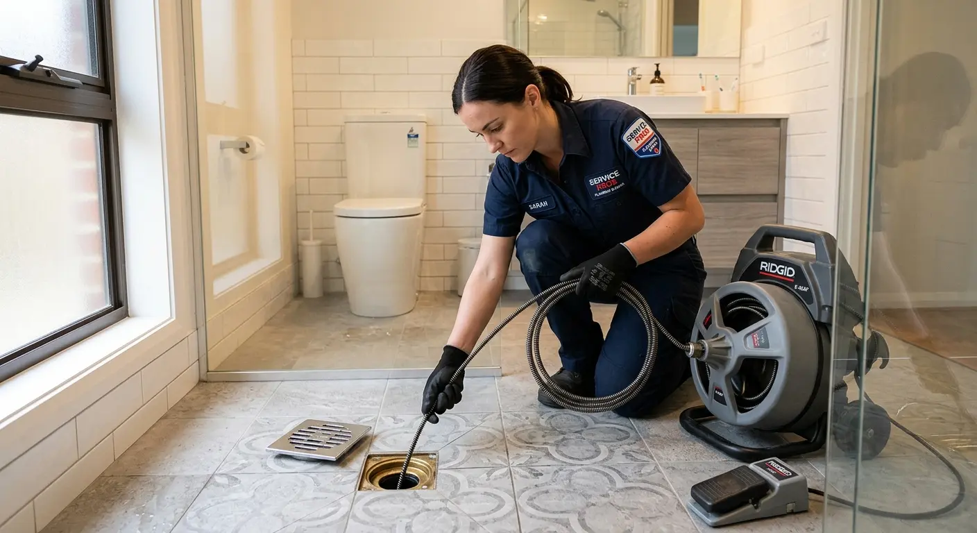 Technician clearing a bathroom floor drain for Clogged Drain Repair in Oneonta